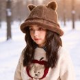 thumbnail image 2 of Ferjadq Kids Fuzzy Fleece Cat Ear Bucket Hat Short Brim Cute Winter Fisherman Cap for Toddler Girls Multi Tone Coffee,2-8 Years, 2 of 5