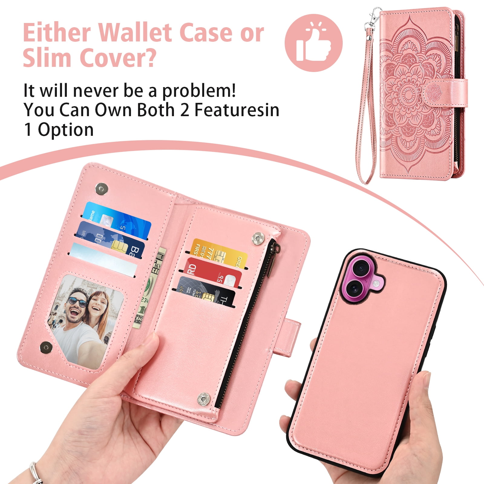 Phone Case for iPhone 16 Plus 6.7 inch Zipper Wallet Magnetic Detachable Cell Cover with Tempered Glass Screen Protector Crossbody Strap Flower Card Holder Slot i Phone16 16+ i16 16Plus Women Pink