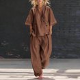thumbnail image 2 of Linen Sets for Women 2 Piece Cotton 3/4 Sleeve Wrap Top And Wide Leg Pants Loose Fit Summer Outfit for Travel Beach, 2 of 5