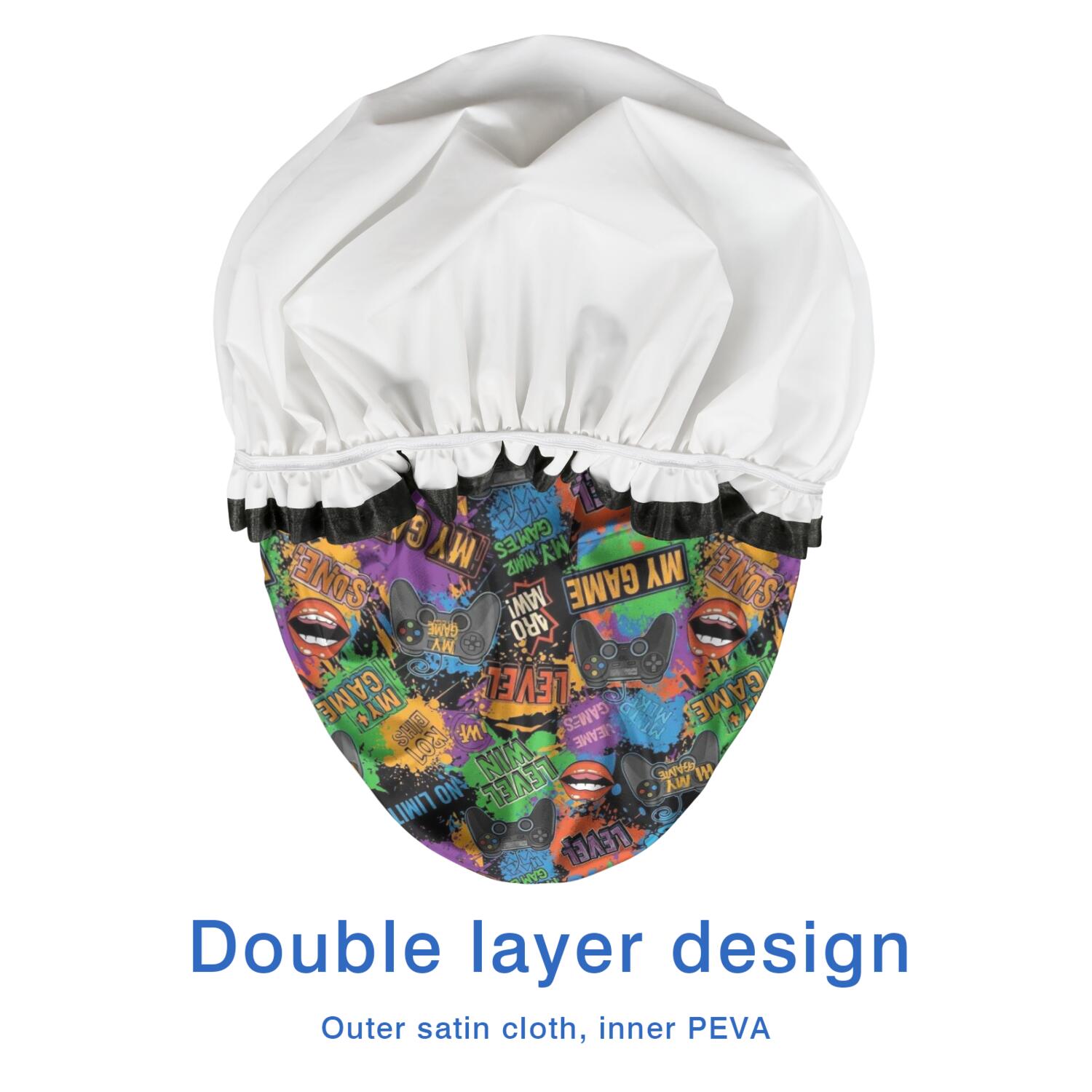 Shower Caps,Colorful Games Graffiti Black Pattern Waterproof Shower Cap for Women 4 Pieces,Double Reusable Hair Cover for Shower PEVA Elastic Stretch Hem