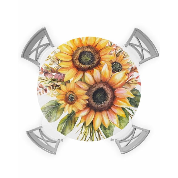 nqOlkjepod Sunflower Round Tablecloth, Fitted Table Cover with Elastic for 36"-44" Round Tables, Watercolor Garden Blooms Floral Spring Table Cloth Outdoor Dinning Party Waterproof Tablecloths