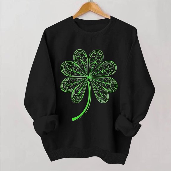St. Patrick's Day Sweatshirt for Women Artistic Line Art Clover Graphic Crewneck Long Sleeve Pullover Soft Fabric Festive Party Clothes
