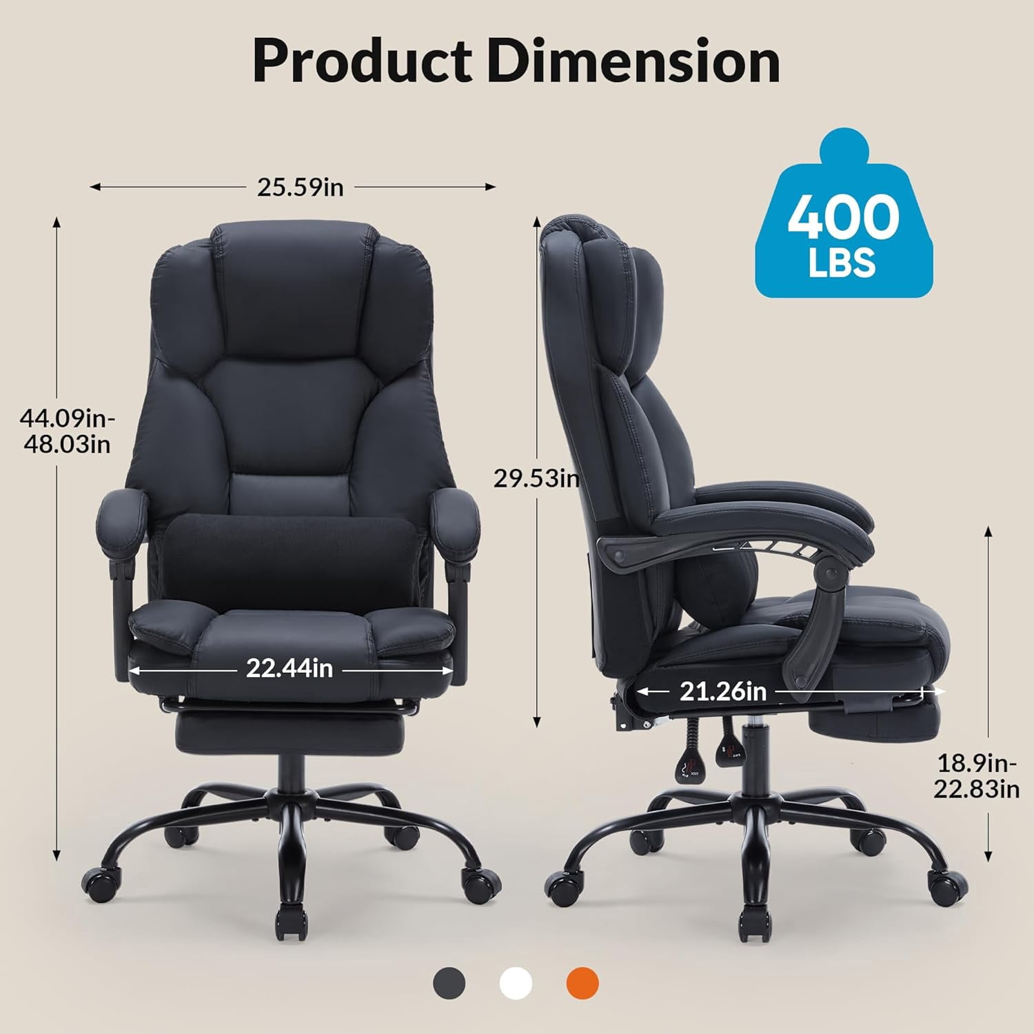 Morufur Leather Office Chair with Foot Rest, Office Chair 400LBS Wide Seat Ergonomic Computer Desk Chair with 360 Swivel High Back Executive Leather Chair Adjustable Task Chair, Black