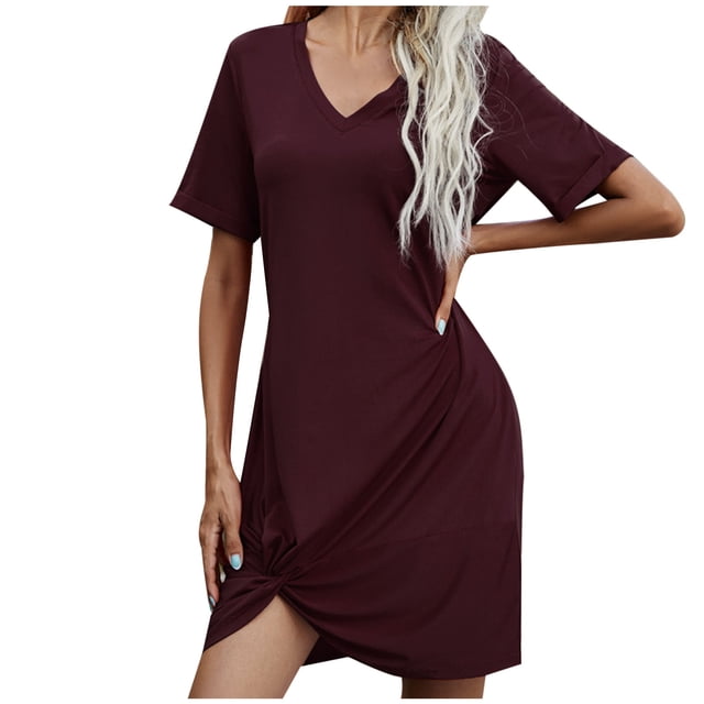 Yuyuzo Robes T-Shirts pour Femmes Manches Courtes Col en V Mini Robe Ourlet Froncé Couleur Dégradée Robes Courtes Décontractées