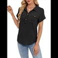 thumbnail image 3 of Camisas Casuales de Mujer con Botones, Corta, Solapa, Cuello en V, de Punto, Ropa de Playa con Bolsillos para Vacaciones. Negro L, 3 of 10