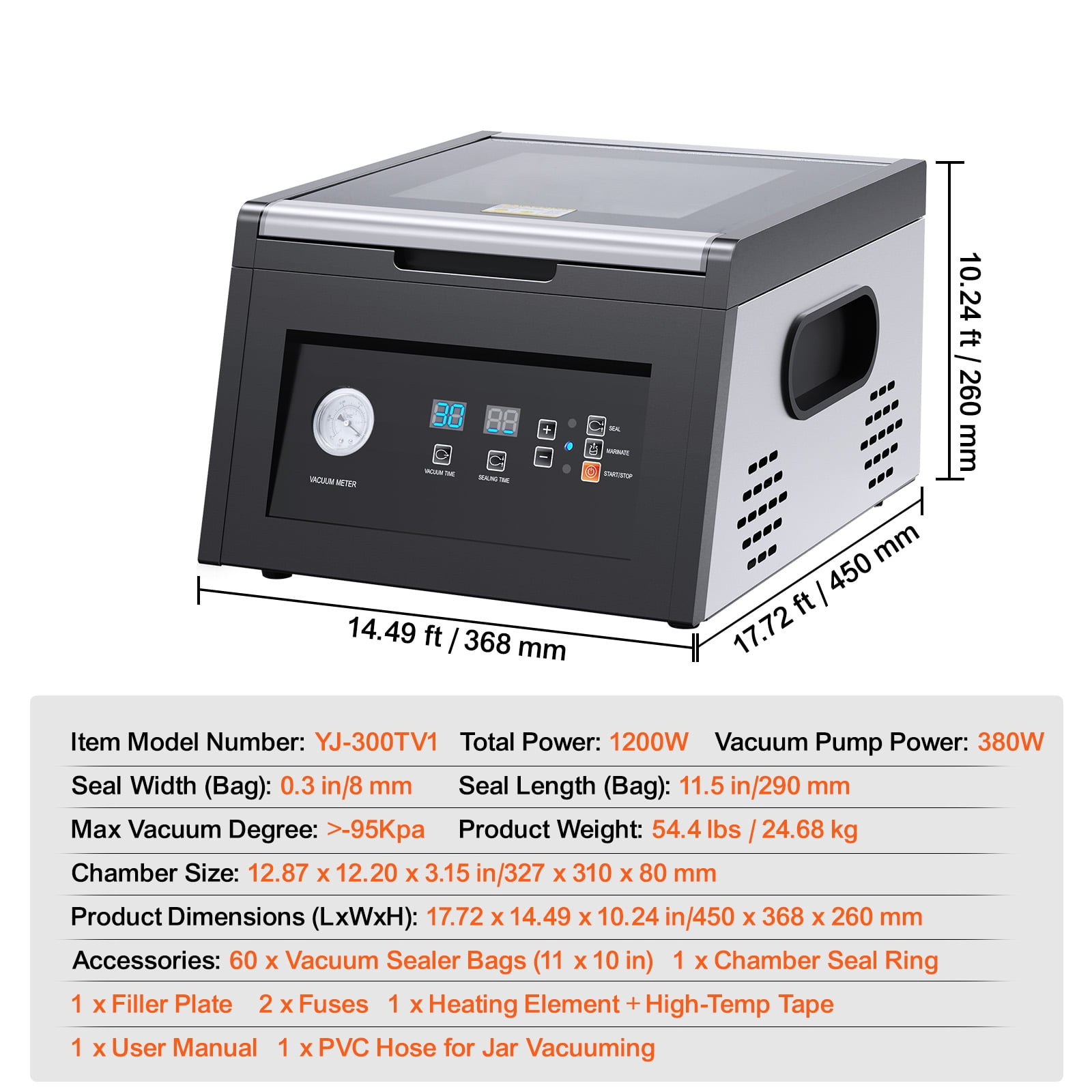 KFFKFF Chamber Vacuum Sealer, 380W Pump Power, Bag Sealing Machine for Moist Foods and Meat, Space-Saving Design with 11.5-Inch Seal Length, Suitable for Commercial and Home Applications