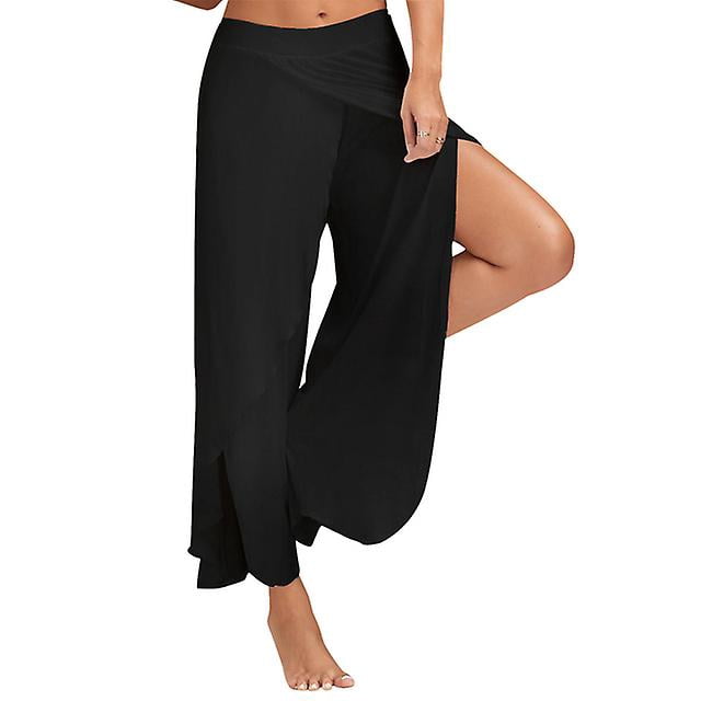 Jwl-summer Mujer Slit Flared Palazzo Pantalones Pantalones de pierna ancha Chiffoon Side Split Casual Pantalones sueltos Elegante Lady Harem Yoga Pants 5xl