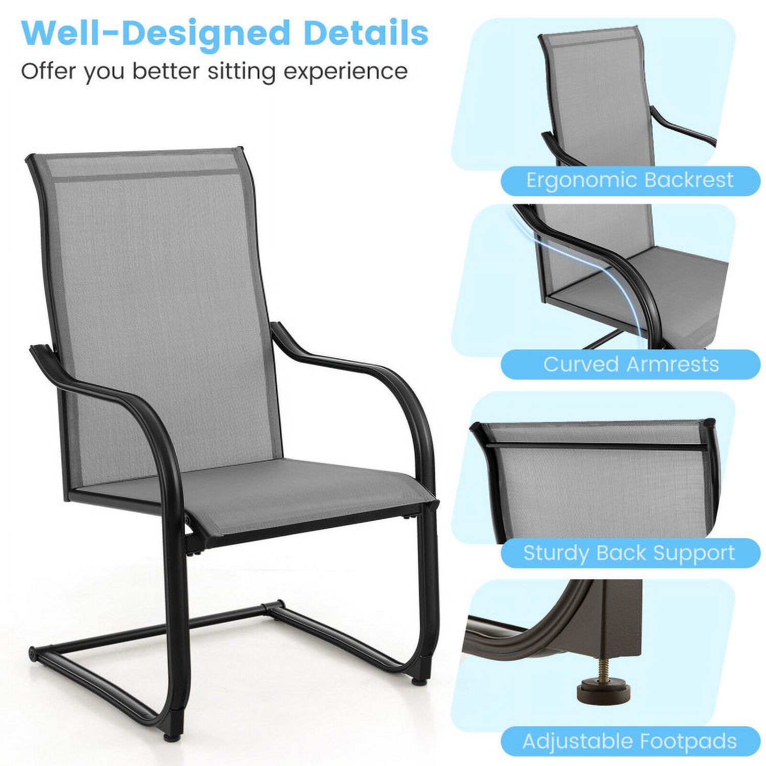 Aimee Lii 2 Pieces C-Spring Motion Patio Dining Chairs with Breathable Fabric, Outdoor Patio Set, Gray