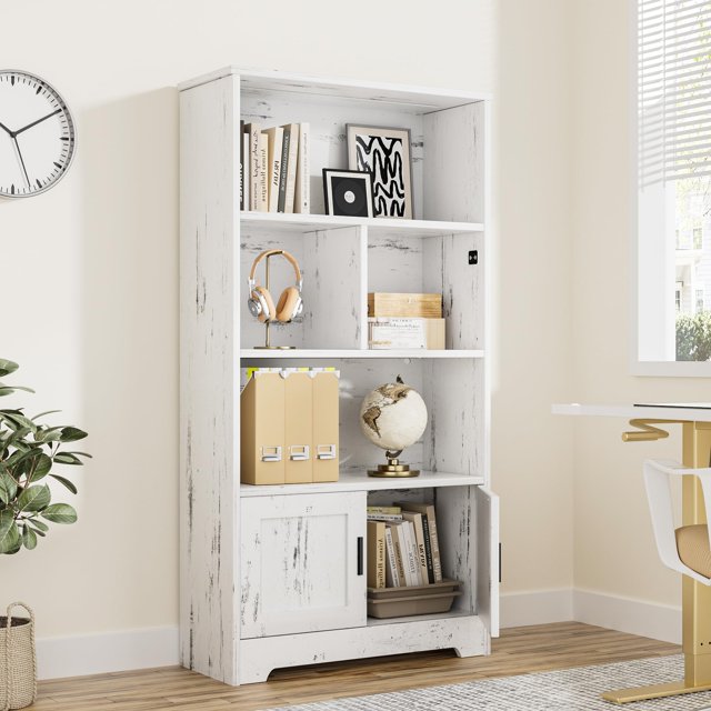 BeesClover Book Shelf, with LED Lights Farmhouse Bookcase, with Doors Modern Storage Rack 3 Shelf, Tall Standing Bookshelves, Large Display Racks Book Shelf for Bedroom, Living Room, Home Office