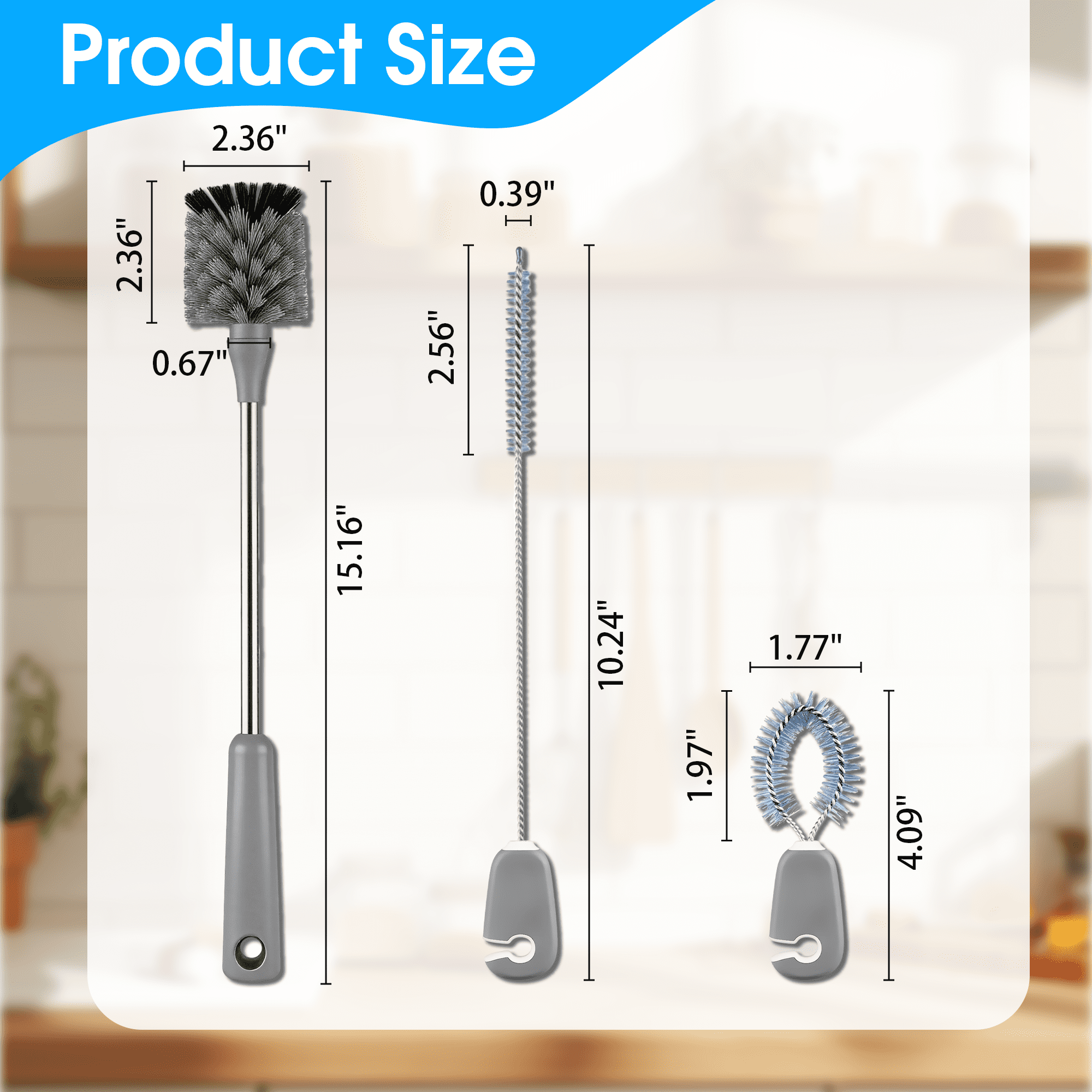 Bottle Brush Set, 3-in-1 Long Handle Bottle Cleaning Brush Set, Straw Cleaner Brush, Tumbler Brush, Cup Cleaning Brush for Water Bottles, Tumblers and Straws