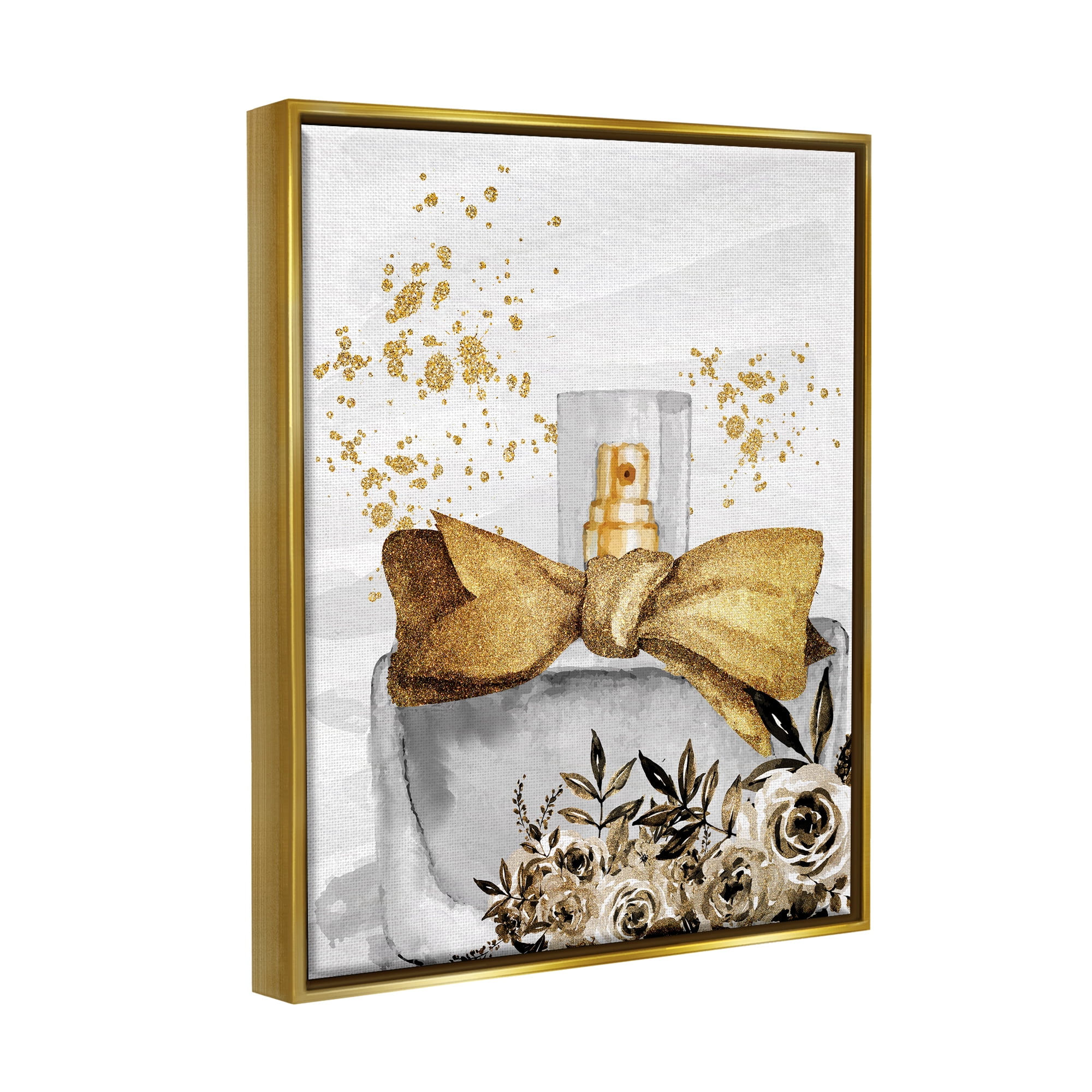 Stupell Industries Glitzy Floral Perfume Bottle Speckled Glam Design Graphic Art Metallic Gold Floating Framed Canvas Print Wall Art, Design by Kim Allen