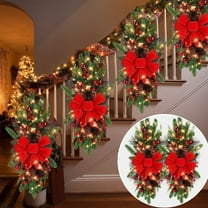 XEAZON 2PCS Christmas Wreath Decorations Artificial Swags, 24 inch Christmas Stair Swags Decorations with Led Lights,Bowknot,Red Berries and Pinecone for Xmas Party Front Door Wall Window Home Decor