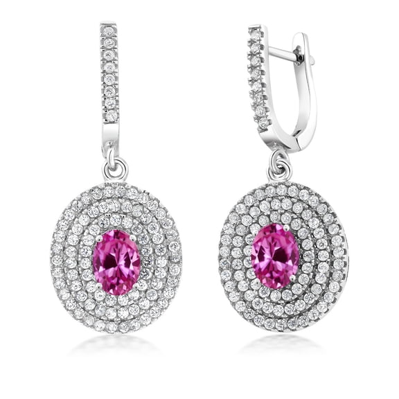 Gem Stone King 3.94 Cttw Pink Created Sapphire Dangle Earrings for Women | 925 Sterling Silver | Oval 7X5MM