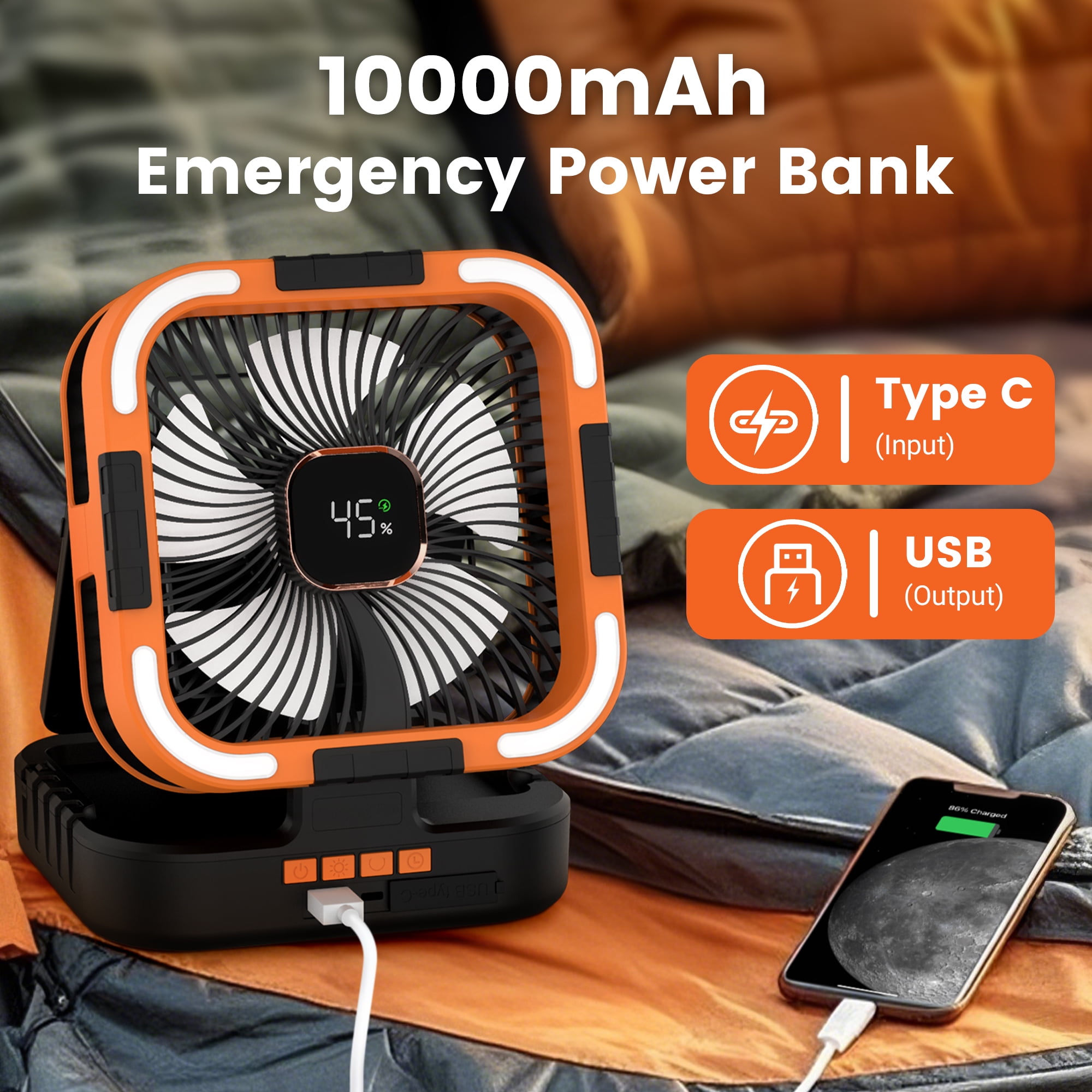 Solar Fan, 10000mAh Rechargeable Camping Fan Battery Portable Fans with LED Light, 6 Speeds Powerful Wind and 6H Timer Oscillating Tent Fan for Picnic, Fishing