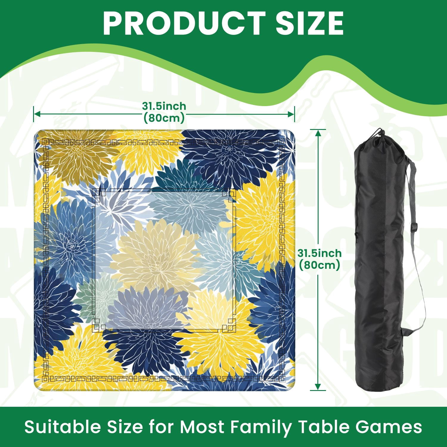 Mahjong Mat 31.5" x 31.5" Spring floral seamless Blue yellow navy Chrysanthemum Non-Slip Noise Reduction American Mahjong Tiles Table Cover for Dominoes Poker Card Board Games Gift