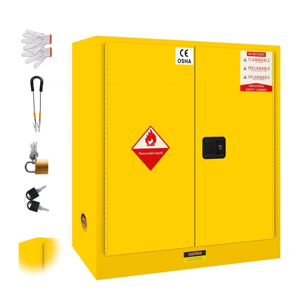 30 Gallon Flammable Storage Cabinet, Fireproof Safety Cabinet, Industrial Chemical Storage, Galvanized Steel, Yellow