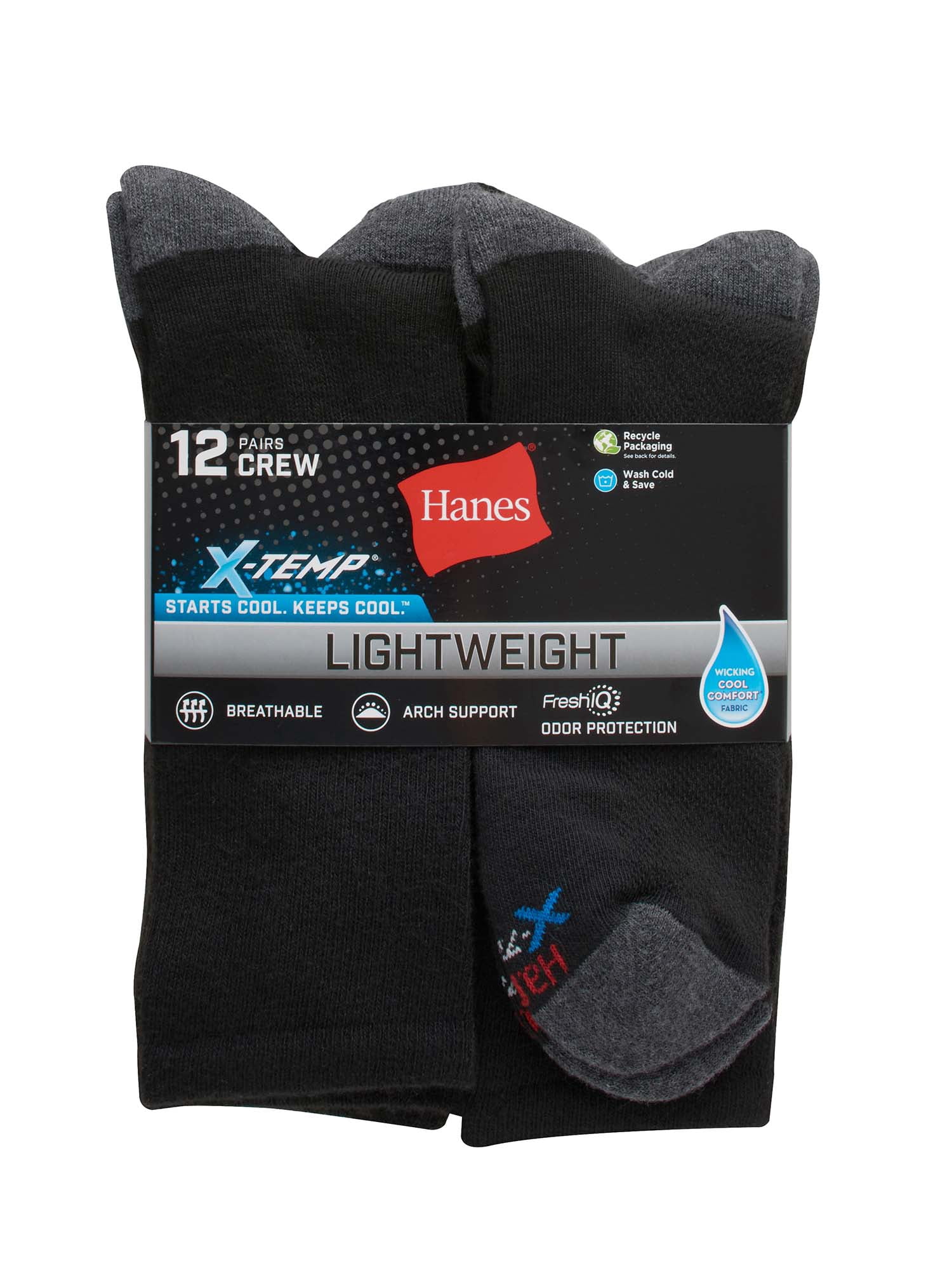 Hanes Men's X-Temp MOVES Lightweight Crew Socks, 12-Pack
