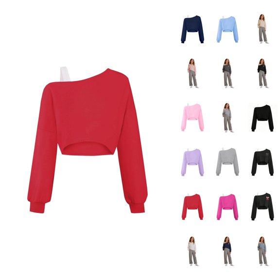 Girls Off The Shoulder Sweatshirt Asymmetrical Long Sleeve Cute Crop
