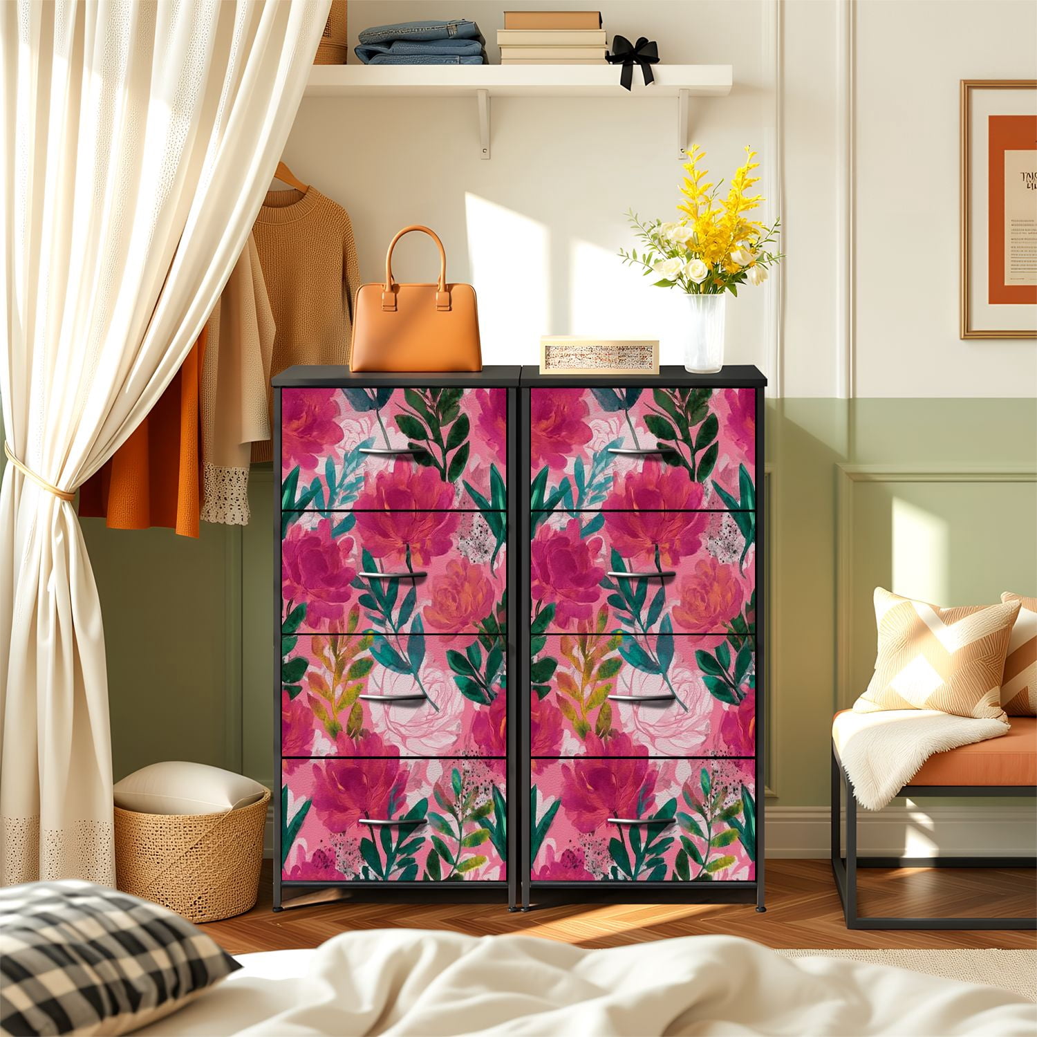 4 Drawer Vertical Storage Dresser Watercolor spring floral bouquets Vintage botanical with Wood Top Fabric Pull Drawers