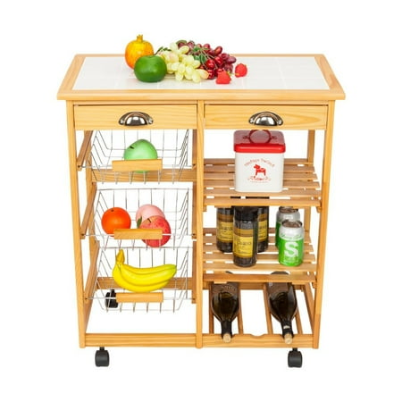 Portable Chart Stand (Zimtown Portable Kitchen Cart Kitchen Storage Cart Kitchen Island Cart Table Rolling Trolley Stand Counter Top Table,White/Wood)