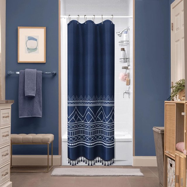 Juego de cortinas de ducha bohemias con ganchos, cortinas de ducha en blanco y negro, cortinas de ducha de tela de estilo rústico, geométricas, nórdicas, bohemias, elegantes, modernas, con borlas