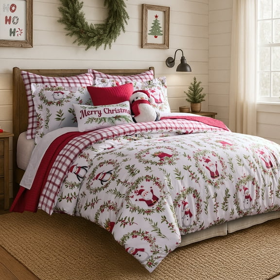 Levtex Home - Pine & Plaid Comforter Set - Twin Comforter (68x88in.)   One Sham (20x26in.) - Holiday Wreaths - White Red Green - Reversible - Polyester