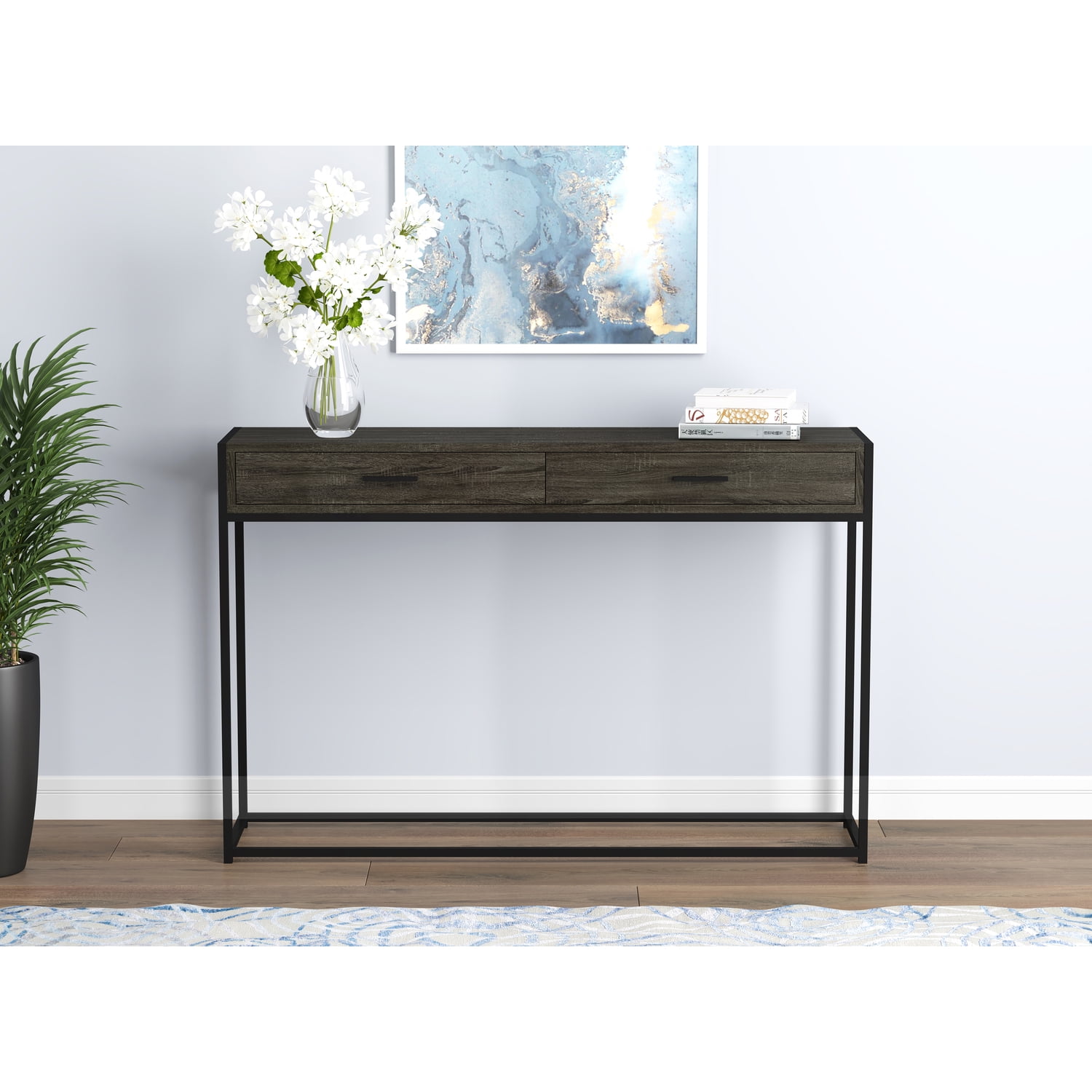 Safdie & Co. Console Table Grey Wood, 2 Drawers With Black Metal Base