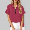 thumbnail image 2 of Long Sleeve Shirts Work Tops for WomenSummer Shirts Fashion Lapel Collar Short Sleeves Full Zipper Blouses With Pockets Linen Solid Color Tops, 2 of 7