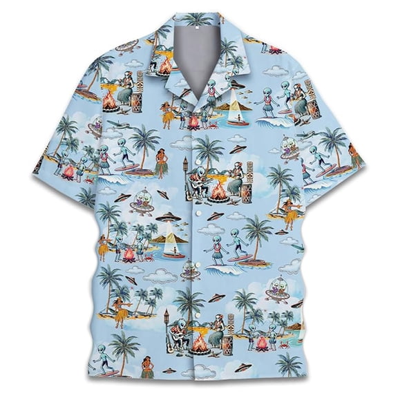 YANGXINX Men Shirts 2026 Summer Hawaiian Graphic Print Short Sleeved Button Down Tops Lapel Collar Stretchy Relaxed Fit Comfy Breathable Shirt