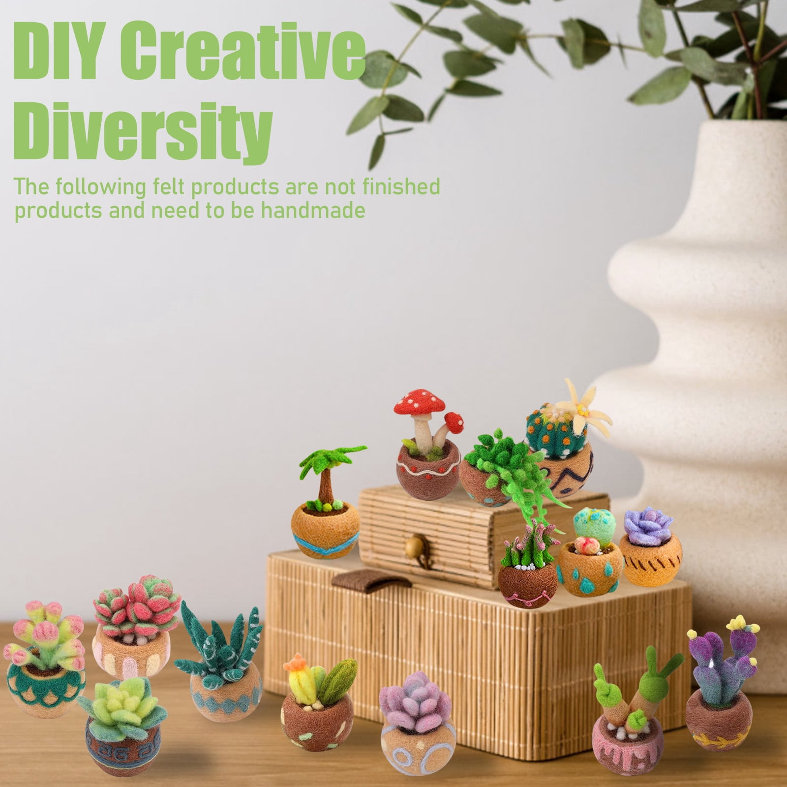 15 Pieces Succulent Plants Needle Felting Kit, Wool Felting Kit with Pad, Finger Cots, Needle, Wooden Felting Tool, Instruction, Needle Felt Start Kit Supplies for Beginners Adult DIY Decor