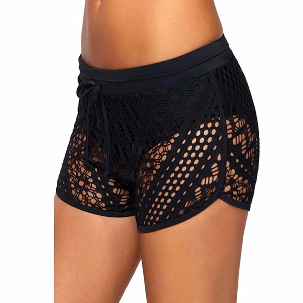 YJM Womens Summer Hollow Out Lace Swimsuit Bottoms Solid Color Stretch Shorts Swim Beach Boardshorts