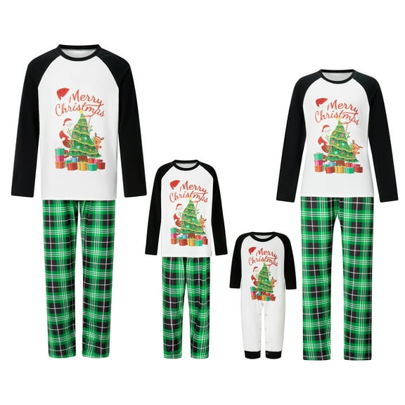 Elippeo Christmas Pajamas for Family Cute Santa Tree Print Long Sleeve Tops   Trousers Set Holiday Sleepwear