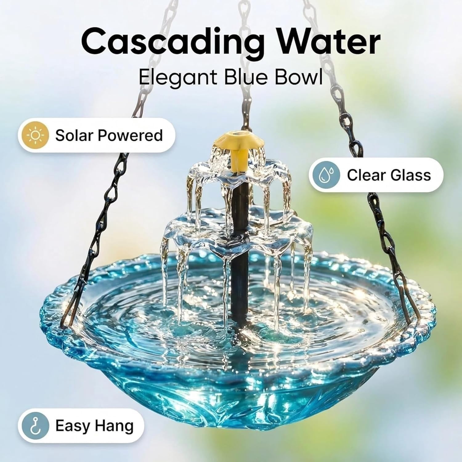 Esterze Solar Cascade Hanging Bird Bath Fountain, with Solar Powered Pump and Glass Bowl, for Garden, Patio, Lawn, Attracting Wild Birds & Hummingbirds
