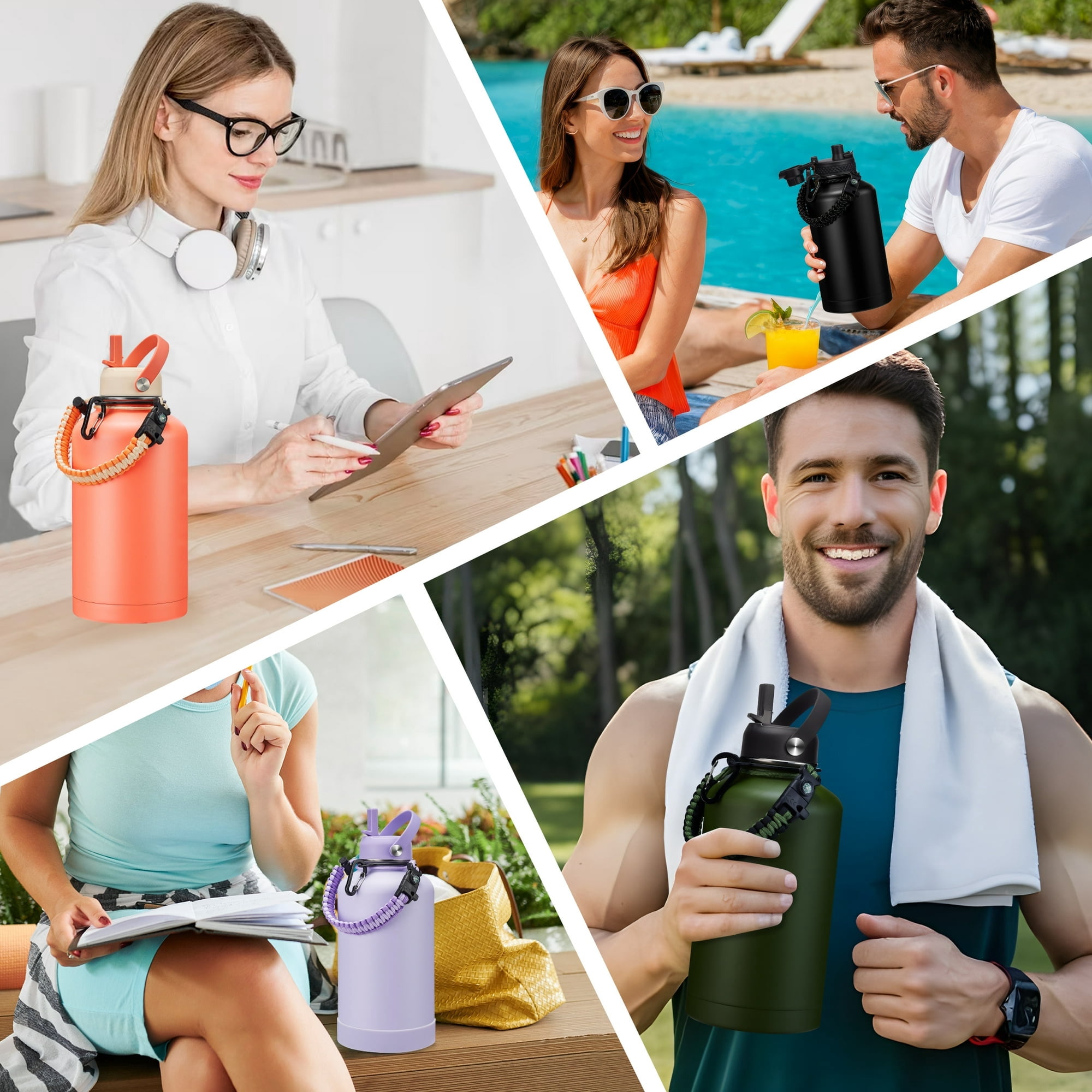Half Gallon Water Bottle with Straw - Chug Lid, Paracord Handle, Silicone Boot, Keep Ice Cold-48H, Metal Insulated Flask Sports Water Bottle 64 oz for Women