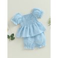thumbnail image 3 of Wassery Infant Baby Girl Summer Outfit Stripe Short Puff Sleeve Ruched Dress Tops Elastic Waist Shorts 2Pcs 6M 9M 12M 18M 24M 3T Toddler Clothes Set, 3 of 9