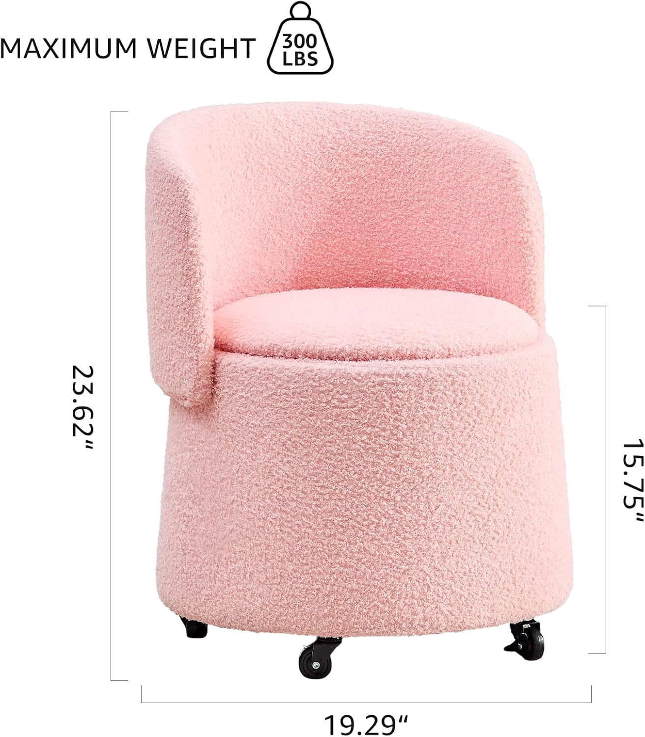 Mxfurhawa Modern Velvet Storage Ottoman – Vanity Stool with Backrest & 5 Rolling Wheels, Small Footstool for Makeup, Bedroom, or Extra Seating (Pink)