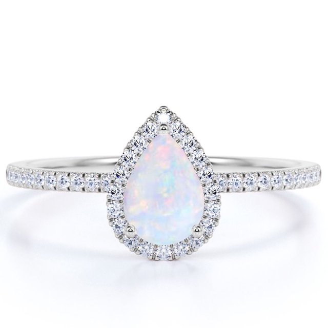 JeenMata Anillo de Bodas de 1,25 Uds con Ópalo Welo natural en Forma de Pera y Moissanita en Oro Blanco de 18 K sobre Plata