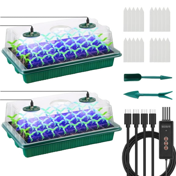 Ninonly 2 Pack Seed Starter Tray with LED Grow Light, Total 80 Cells Seedling Tray Kit with Humidity Dome, Indoor Plant Seed Starter Kit Greenhouse Plant Germination Kit for Seeds Starting Growing