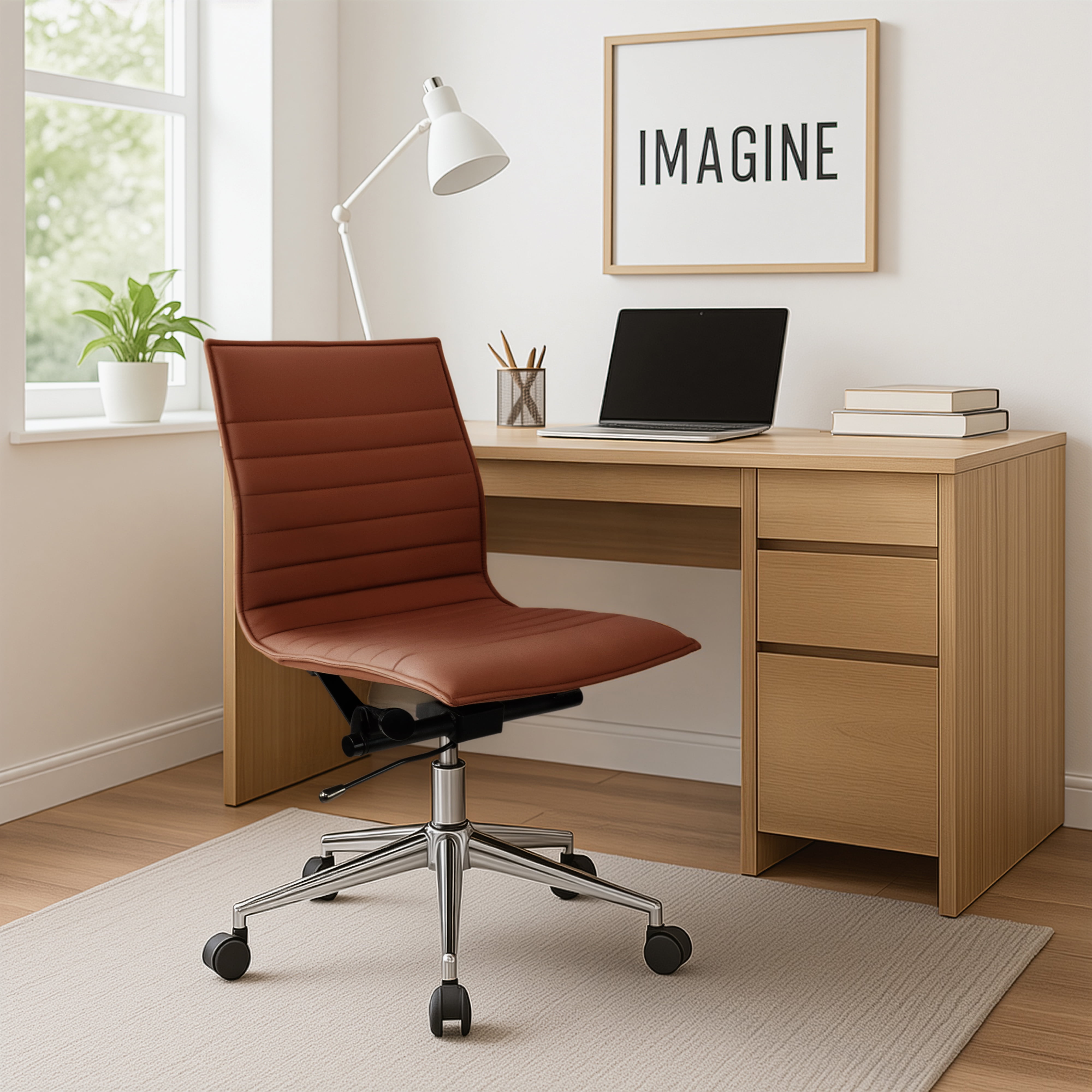 2xhome Set of 2 Mid Back Height Modern Home Office Chair, Ribbed PU Leather Seat with Swivel Tilt Adjustable Ergonomic Computer Desk Chair, Brown