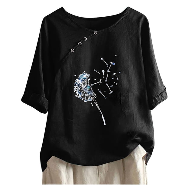 Blusas de Manga Corta para las Mujeres Impresas Cuello Redondo Camiseta Casual, Blusa de Algodón de Imitación para las Mujeres