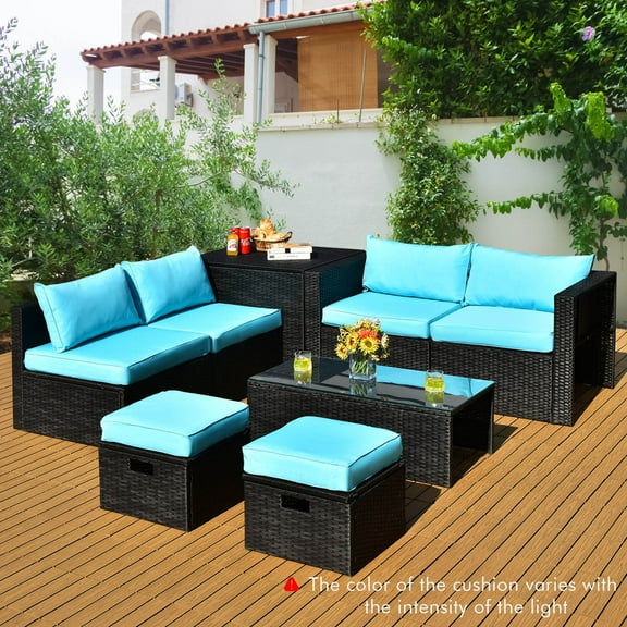 Gymax 8PCS Rattan Patio Sectional Furniture Set w/ Waterproof Cover & Turquoise Cushions