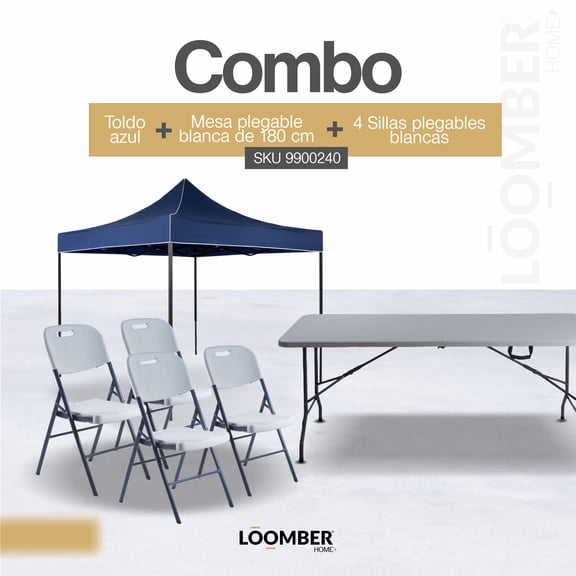 Combo de Mesa y 4 Sillas Plegables con Toldo Azul Impermeable