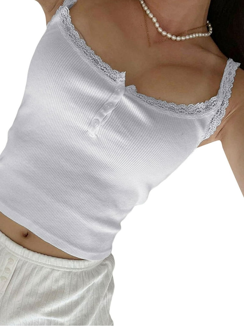 Wassery Women's Ribbed Lace Camisole Crop Tops Lace Trim