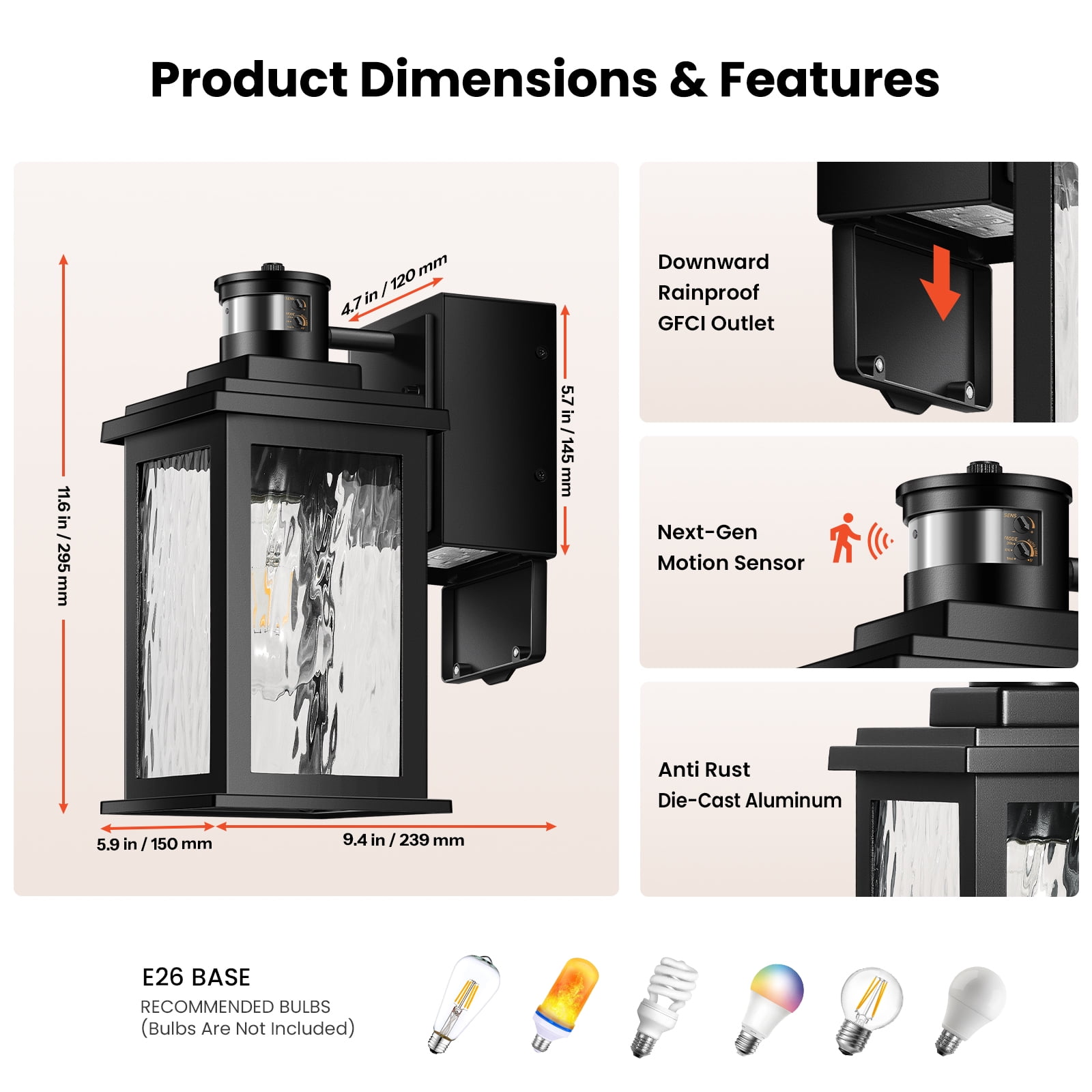 Gleamz Motion Sensor Outdoor Lights with GFCI Outlet, Dusk to Dawn Outdoor Lighting with Tempered Glass, Waterproof Anti-Rust Aluminum Outside Lights for House