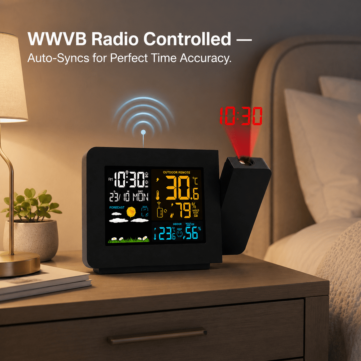 Atomic Projection Alarm Clock with Weather Station, WWVB Radio, Dual Alarms, Snooze, and Wireless Temperature & Humidity Sensor
