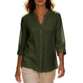 thumbnail image 5 of Perfectbot Women's Collarless Button Down Shirt, 3/4 Sleeve Cotton Linen Tunic Blouse with Curved Hem, 5 of 8