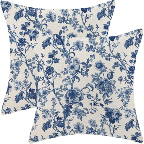 Blue Floral Pillow Covers 18x18 Inch Set of 2 Vintage Navy Blue Floral Throw Pillows Spring Summer Flower Pillowcase Linen Outdoor Decorative Cushion Covers for Bed Sofa Couch