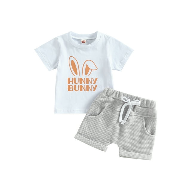 xiaxaixu Easter Baby Boys Short Set, Short Sleeve Rabbit Ears Letters Print T-shirt with Rolled Hem Shorts