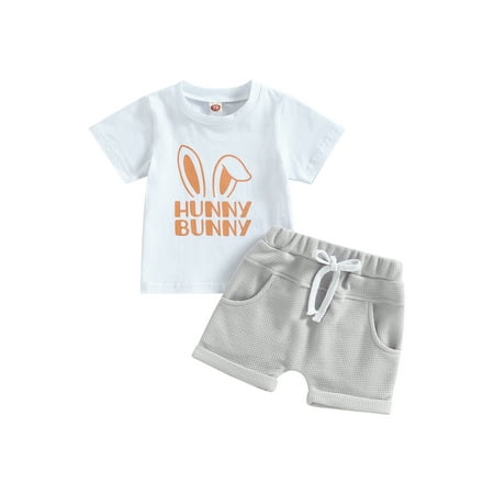 

Xsylife Easter Baby Boys Short Set Short Sleeve Rabbit Ears Letters Print T-shirt with Rolled Hem Shorts