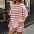 thumbnail image 4 of Bexdxz Women's Casual Striped Short Sleeve 2 Piece Summer Set Oversized Top & Loose Fit Shorts with Pockets Light pink XL, 4 of 6